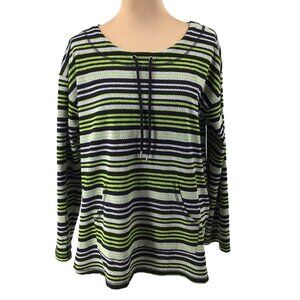 Ruby Rd Top Size XL Black White Green Stripe Textured Drawstring Neckline Pocket